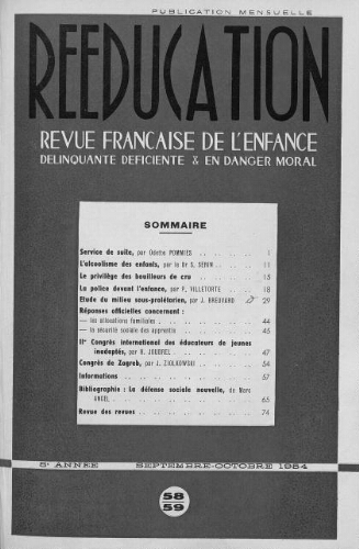Rééducation. Revue française de l'Enfance Délinquante, déficiente et en danger moral - n°58/59 - septembre/octobre 1954