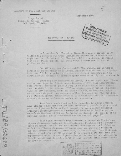 Bulletin de liaison de l’Association des juges des enfants de France - [n.p.] - septembre 1959