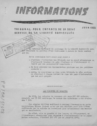 Informations du tribunal pour enfants de la Seine. Service de la liberté surveillée - [n.p.] - juin 1955