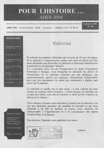Pour l'histoire [Bulletin de liaison] - n°30 - Septembre 2002