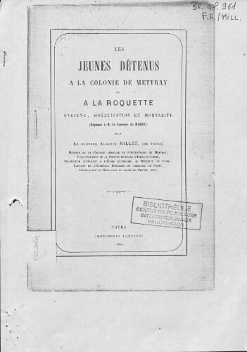 Les jeunes détenus à la colonie de Mettray et à La Roquette, Hygiène, moralisation et mortalité (Réponse à M. le docteur Du Mesnil)