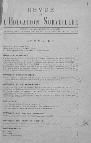 Revue de l'Education surveillée : études de Criminologie juvénile - n°1 - 1946