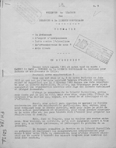 Bulletin de liaison des délégués à la liberté surveillée - n°9 - décembre 1954