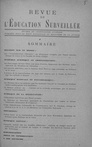 Revue de l'Education surveillée : études de Criminologie juvénile - n°5 - 1946