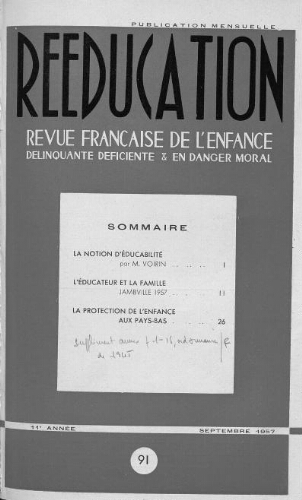 Rééducation. Revue française de l'Enfance Délinquante, déficiente et en danger moral - n°91 - septembre 1957