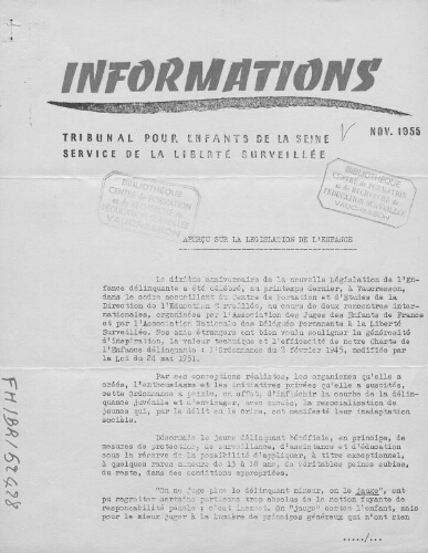 Informations du tribunal pour enfants de la Seine. Service de la liberté surveillée - [n.p.] - novembre 1955