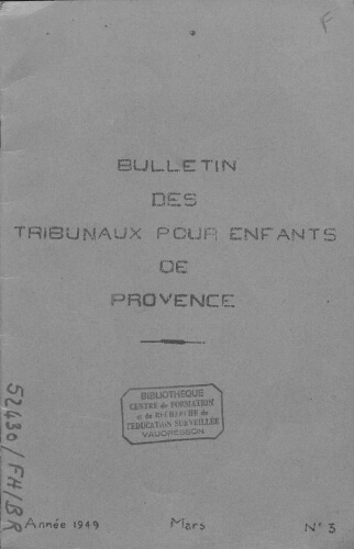 Bulletin des tribunaux pour enfants de Provence - n°3 - mars 1949