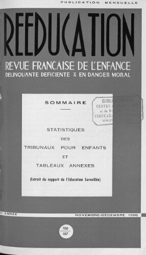 Rééducation. Revue française de l'Enfance Délinquante, déficiente et en danger moral - n°186/187 - novembre/décembre 1966