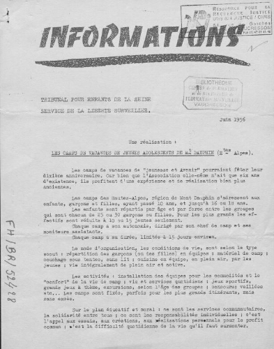 Informations du tribunal pour enfants de la Seine. Service de la liberté surveillée - [n.p.] - juin 1956