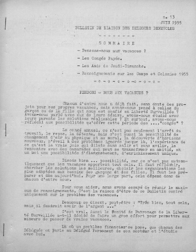 Bulletin de liaison des délégués à la liberté surveillée - n°13 - juin 1955