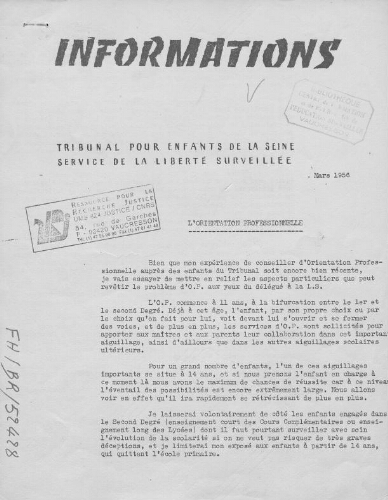 Informations du tribunal pour enfants de la Seine. Service de la liberté surveillée - [n.p.] - mars 1956