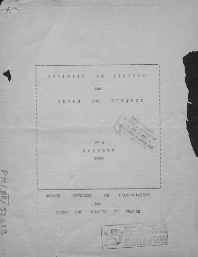 Bulletin de liaison de l’Association des juges des enfants de France - n°4 - octobre 1950