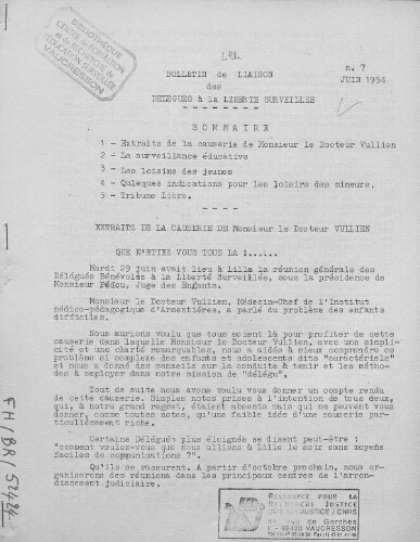 Bulletin de liaison des délégués à la liberté surveillée - n°7 - juin 1954